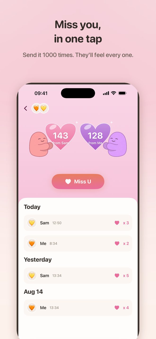 The Miss You screen with two filling hearts
